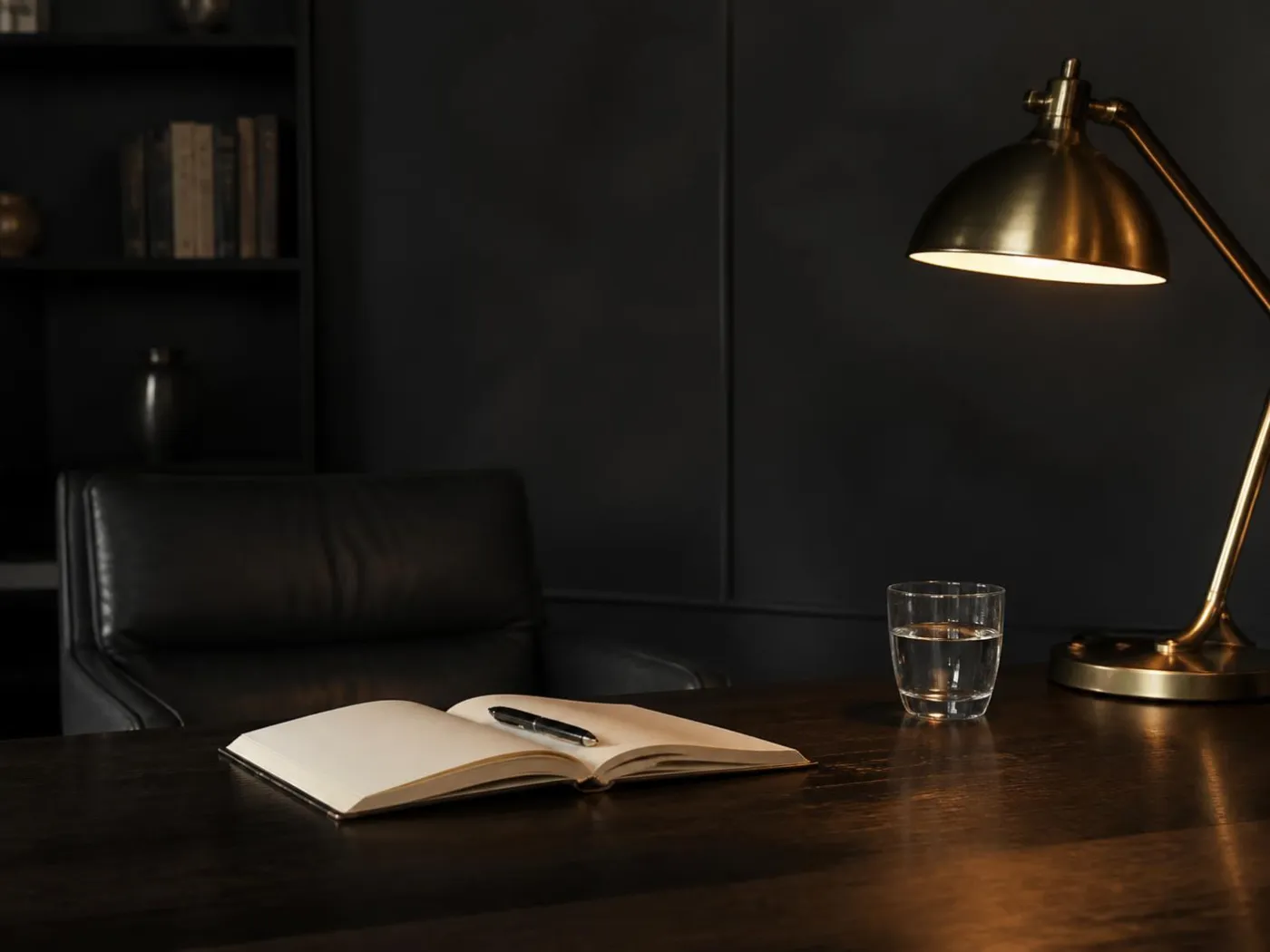 A quiet desk with an open notebook under warm lamp light