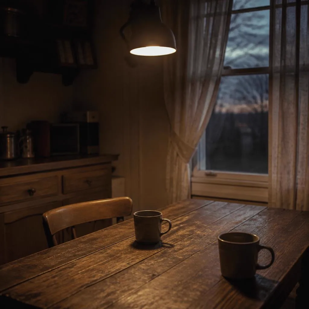 Modest family kitchen table at dusk with two empty mugs under a low lamp