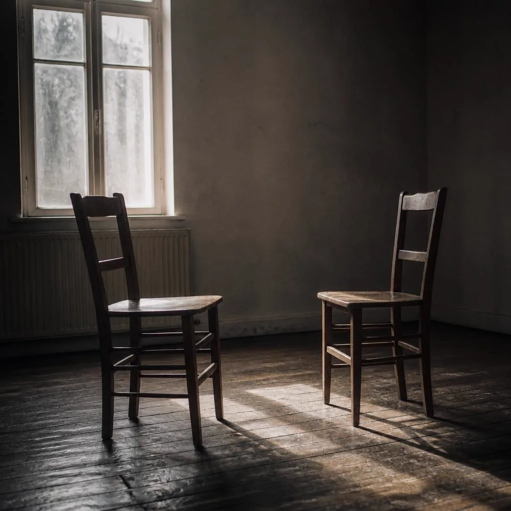 Two empty wooden chairs facing each other in a quiet room lit by a bare window