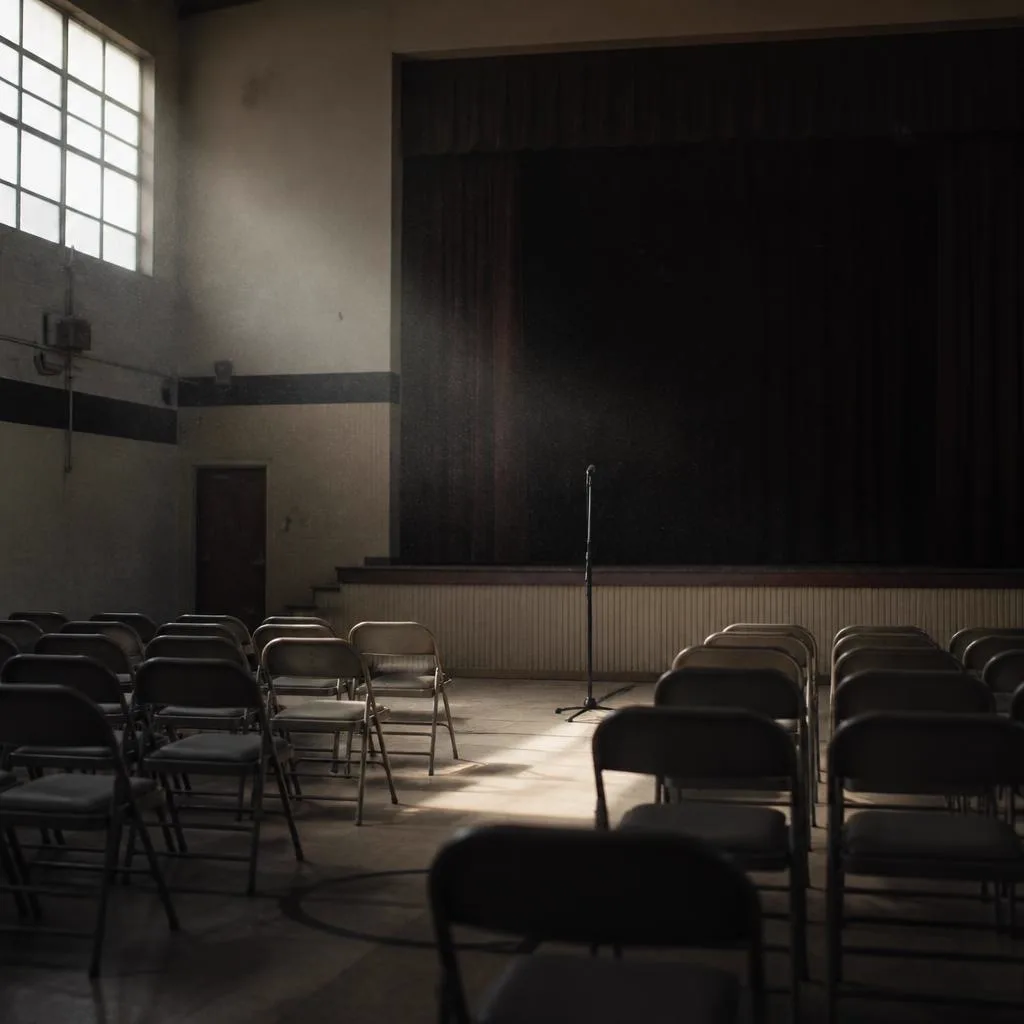 Empty community hall with rows of folding chairs facing a single standing microphone
